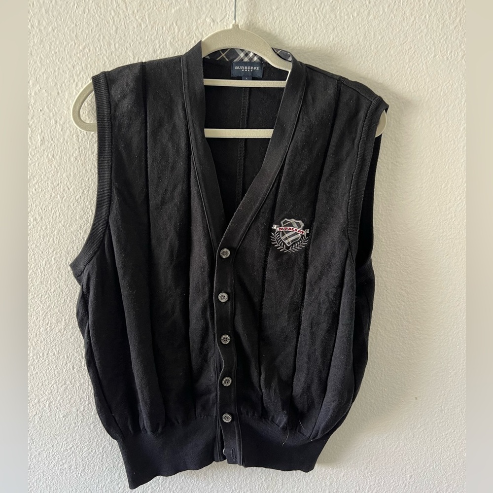 VTG Burberry Golf Made Grey Blue Sleeveless Sweater Vest Extra Fine Merino Wool